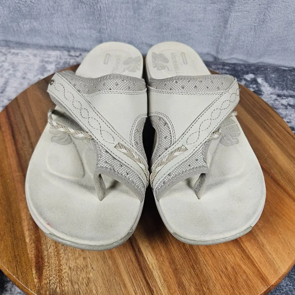 Merrell Hollyleaf Womens Taupe Leather Comfort Thong Sandals Flip Flops Shoes 11